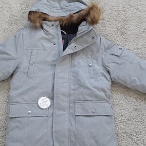 Swiss Tech Light Gray Hooded Puffer Coat with Faux Fur Trim